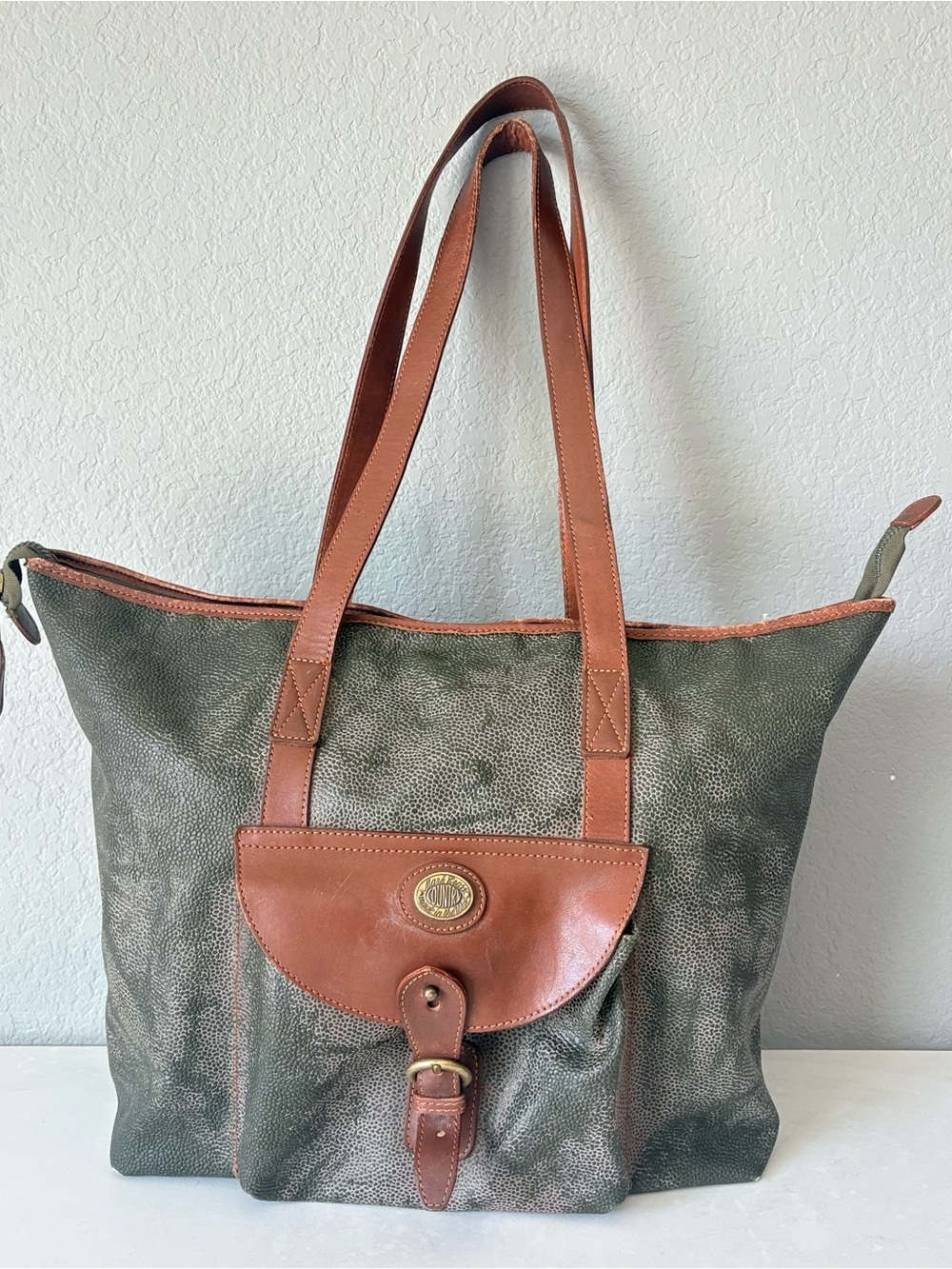 Mark Cross Vintage Army Green Leather Large Tote Shoulder Bag 19”x15”